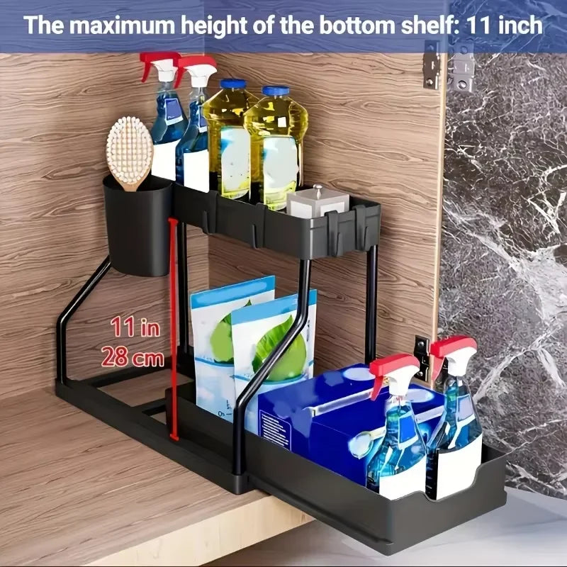 2-Tier Sliding Under Sink Organizer Multifunctional Space-Saving Bathroom Cabinet Basket Storage Drawer Under Cabinet Box