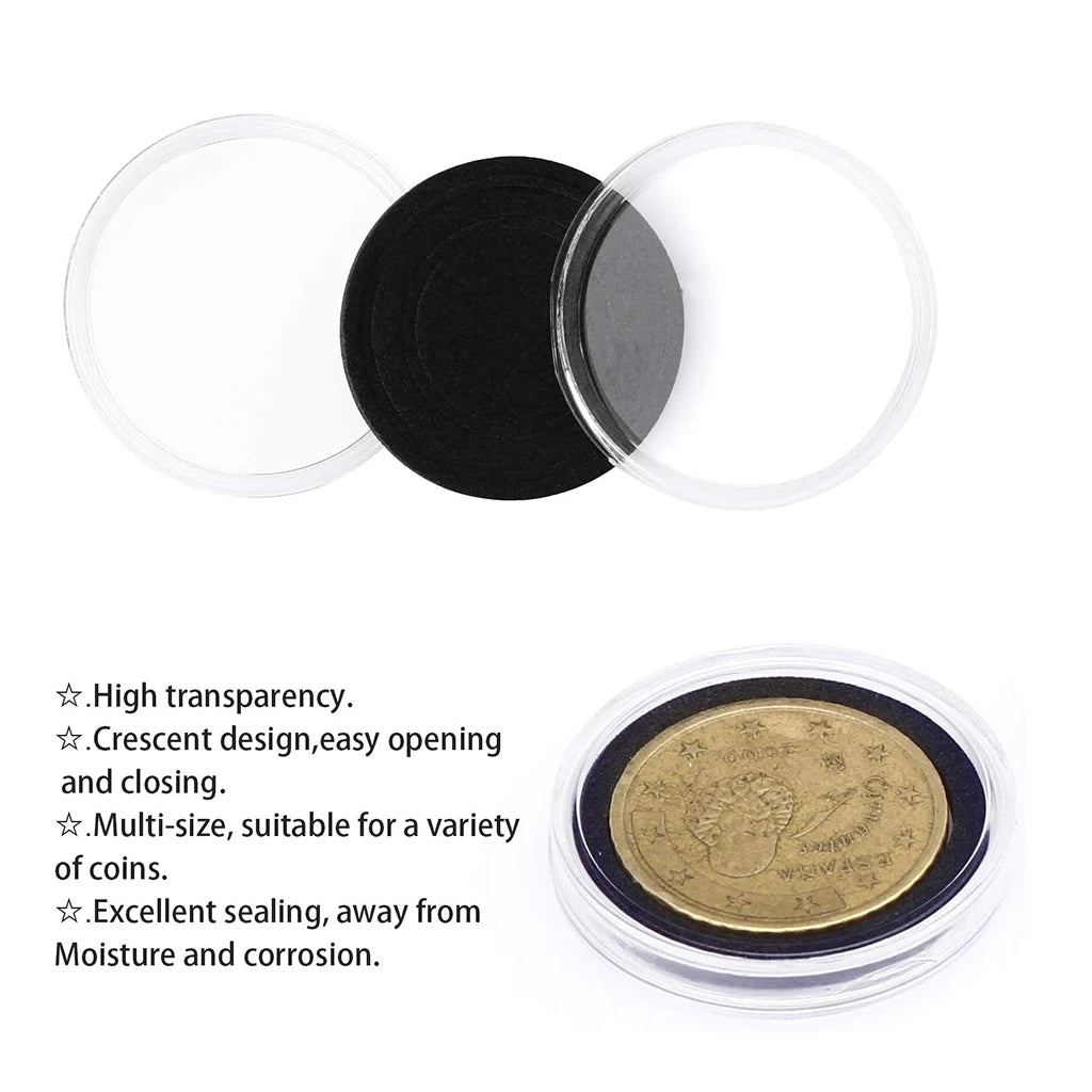 100Pcs Coin Capsule Case and Adjustable (17/20/25/27/30mm) Protect Black Gasket Coin Holder with Plastic Storage Organizer Box
