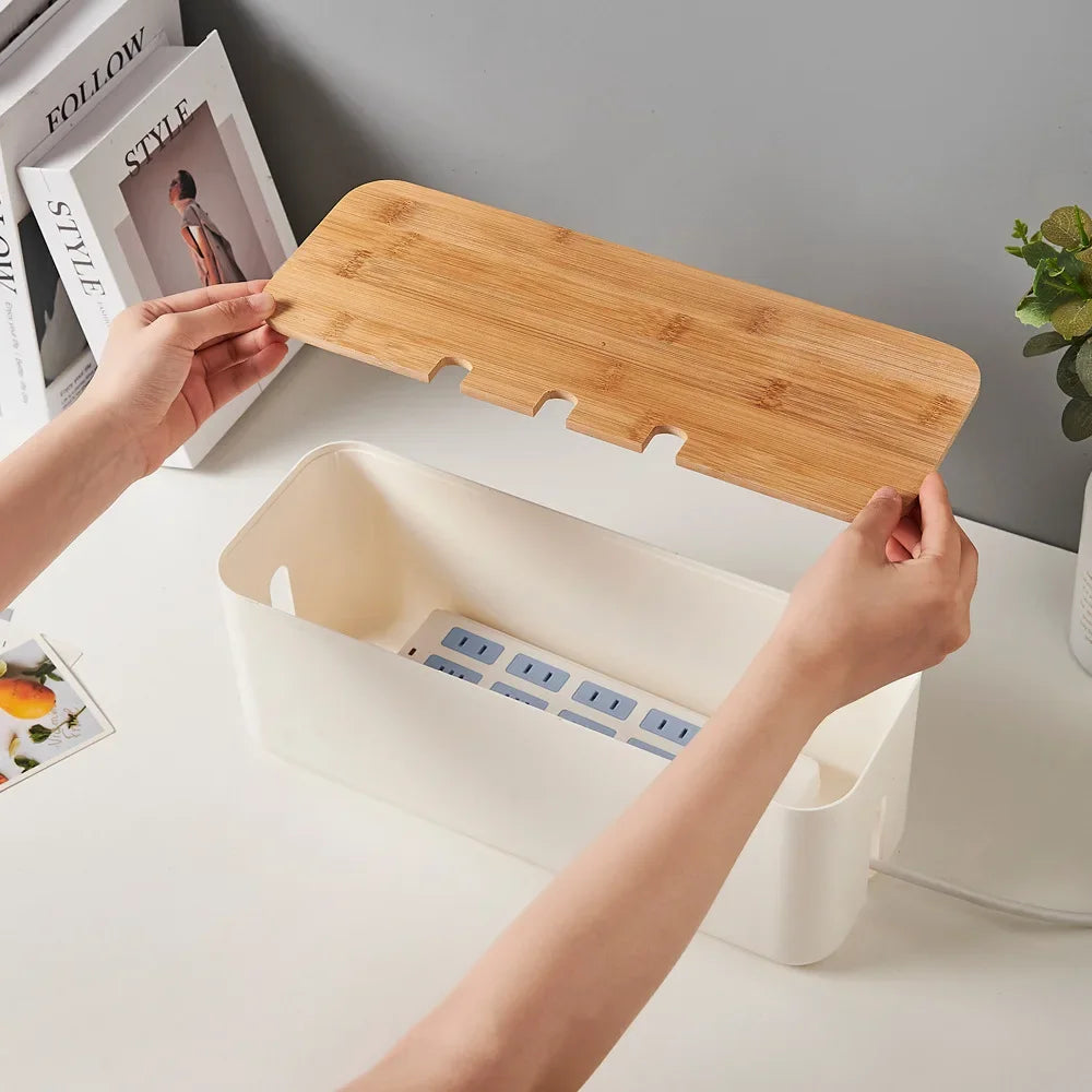 Bamboo Cover Cable Management Box Wire Junction Board Storage Box Hide Wires Power Strips Desk Cable Computer Organizer Box