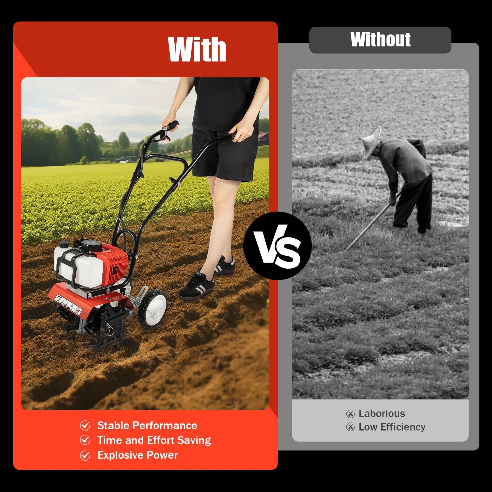 52CC 1700W Gasoline Garden Tiller Cordless 2-stroke Air-Cooled Cultivator Rotary for Trenching Loosening 12in/30cm Wide 12cm dp