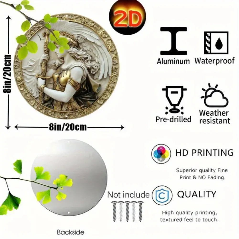 Glam Style Athena Aluminum Wall Plaque, 8 Inch Round Retro Metal Wall Art, Goddess Home Decor Wall Hanging