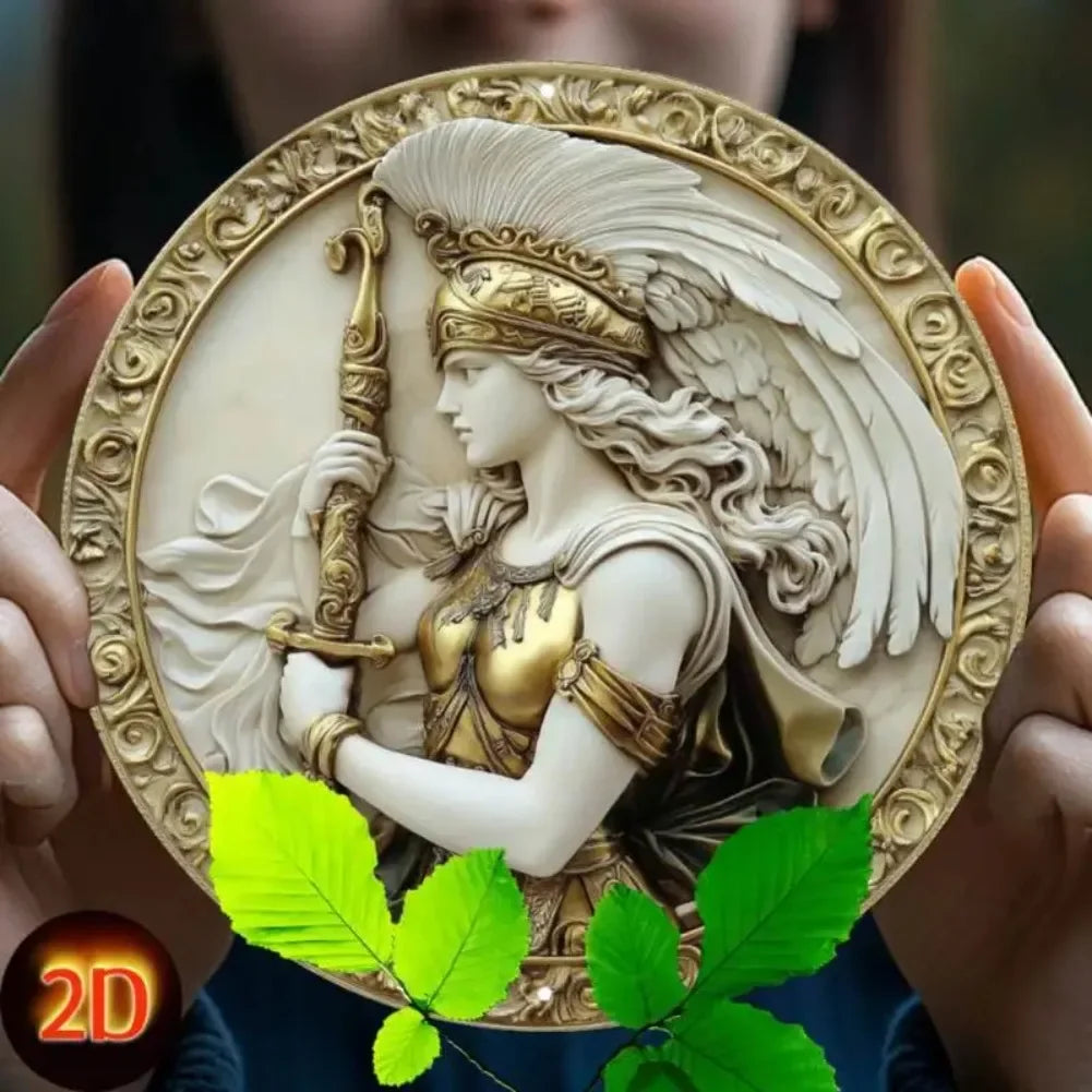 Glam Style Athena Aluminum Wall Plaque, 8 Inch Round Retro Metal Wall Art, Goddess Home Decor Wall Hanging