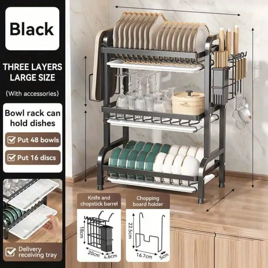2025 3-Tier Metal Dish Rack Black Large-Capacity Kitchen Countertop Storage Organizer