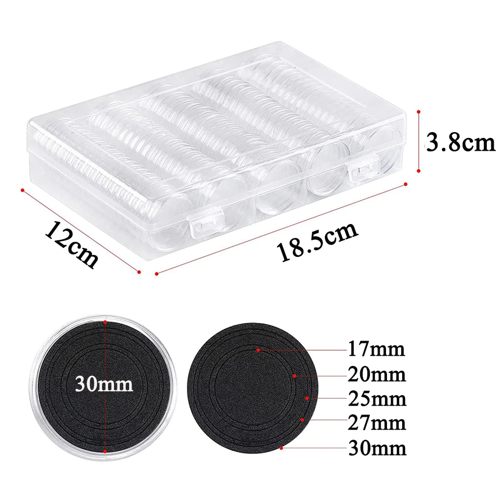 100Pcs Coin Capsule Case and Adjustable (17/20/25/27/30mm) Protect Black Gasket Coin Holder with Plastic Storage Organizer Box