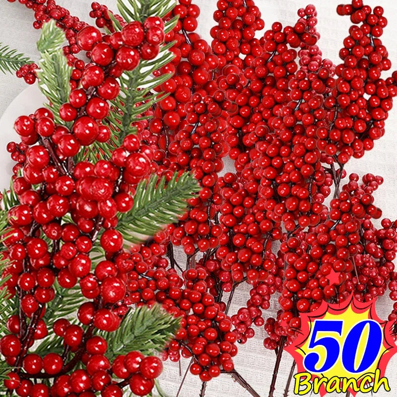 50/1branch Christmas Artificial Berries Stem Red Holly Berry Fake Flowers Plant for Xmas Tree New Year Party Home Decor Ornament
