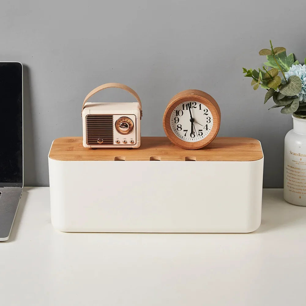 Bamboo Cover Cable Management Box Wire Junction Board Storage Box Hide Wires Power Strips Desk Cable Computer Organizer Box