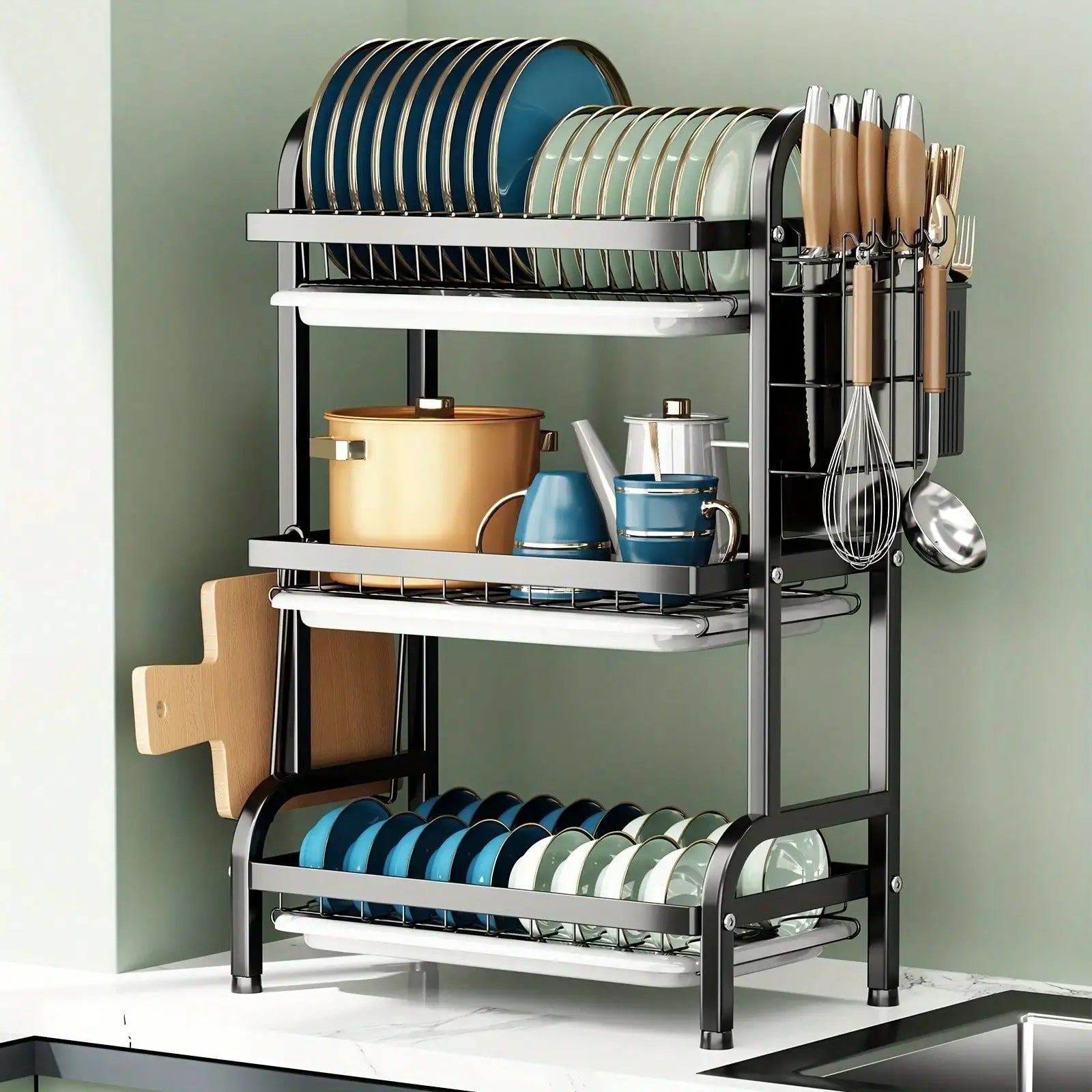 2025 3-Tier Metal Dish Rack Black Large-Capacity Kitchen Countertop Storage Organizer