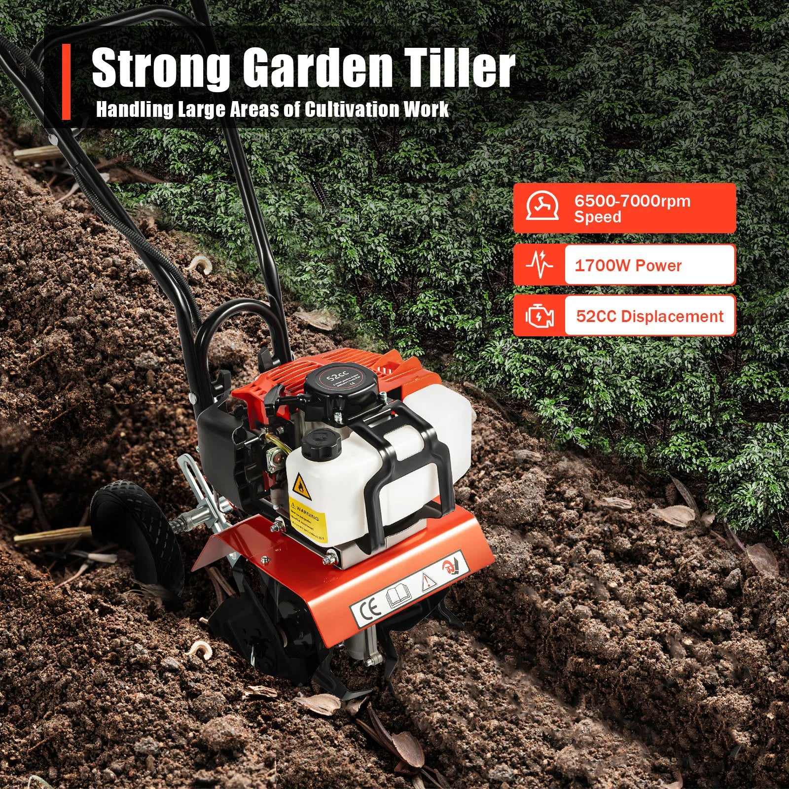 52CC 1700W Gasoline Garden Tiller Cordless 2-stroke Air-Cooled Cultivator Rotary for Trenching Loosening 12in/30cm Wide 12cm dp