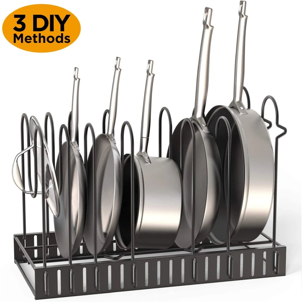 5/8 Tiers Adjustable Pots and Pans Organizer Rack 3 DIY Methods Heavy Duty Metal Pans Pots Lids Storage Holder Rack for Kitchen
