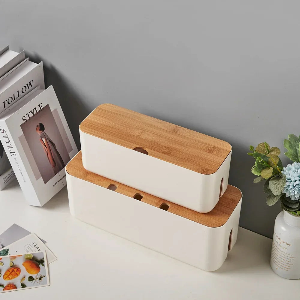 Bamboo Cover Cable Management Box Wire Junction Board Storage Box Hide Wires Power Strips Desk Cable Computer Organizer Box