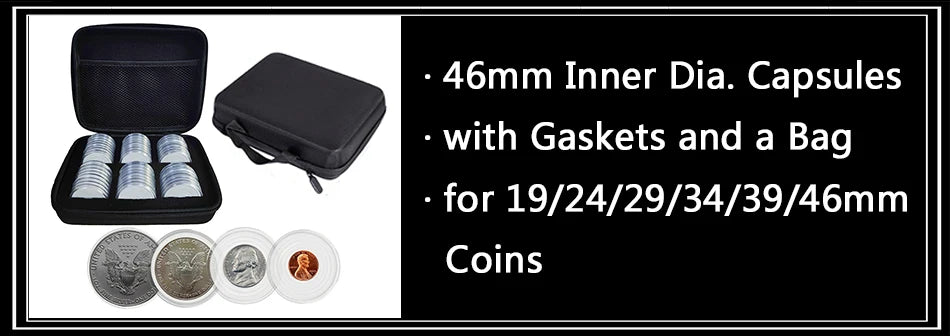 100Pcs Coin Capsule Case and Adjustable (17/20/25/27/30mm) Protect Black Gasket Coin Holder with Plastic Storage Organizer Box