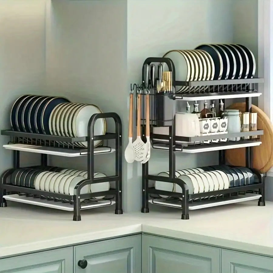 2025 3-Tier Metal Dish Rack Black Large-Capacity Kitchen Countertop Storage Organizer
