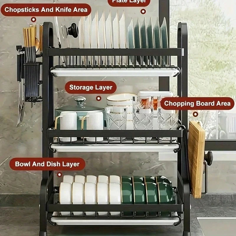 2025 3-Tier Metal Dish Rack Black Large-Capacity Kitchen Countertop Storage Organizer