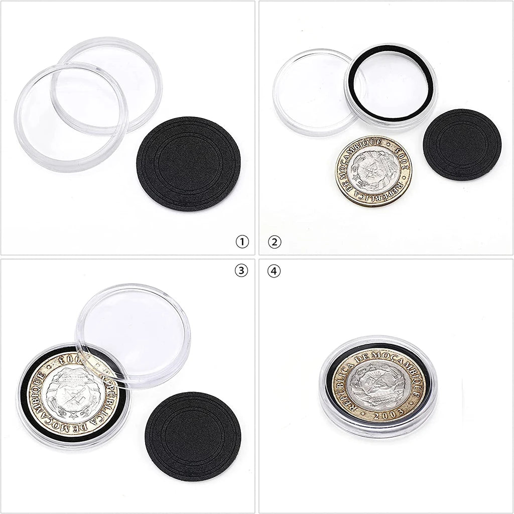 100Pcs Coin Capsule Case and Adjustable (17/20/25/27/30mm) Protect Black Gasket Coin Holder with Plastic Storage Organizer Box