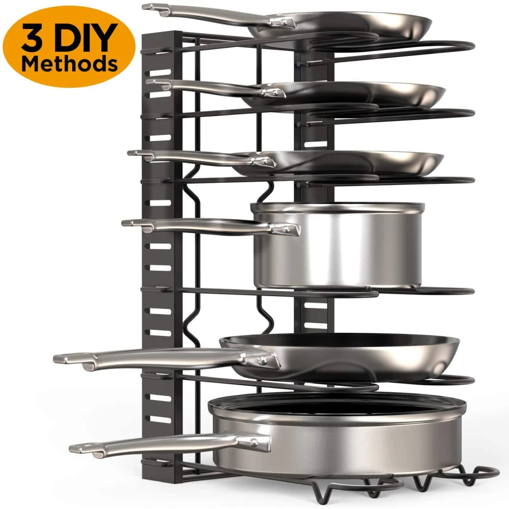 5/8 Tiers Adjustable Pots and Pans Organizer Rack 3 DIY Methods Heavy Duty Metal Pans Pots Lids Storage Holder Rack for Kitchen