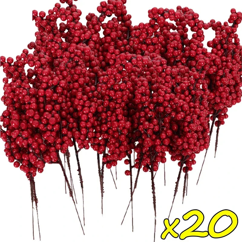 50/1branch Christmas Artificial Berries Stem Red Holly Berry Fake Flowers Plant for Xmas Tree New Year Party Home Decor Ornament