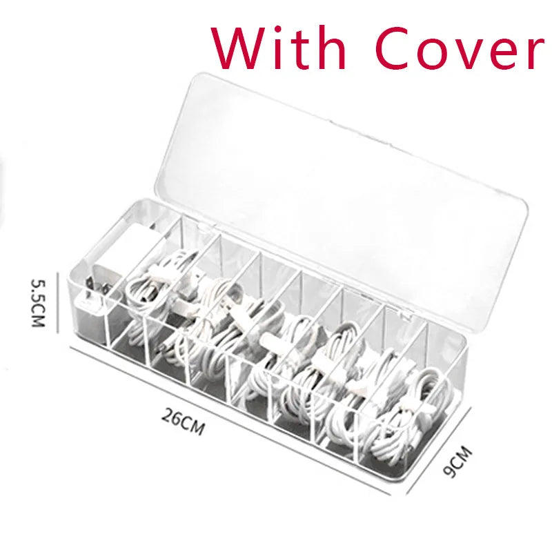 The transparent plastic Data Cable Storage Box household cable MobilePhone Charger Charging Cable Finishing Box Divided Grid Box