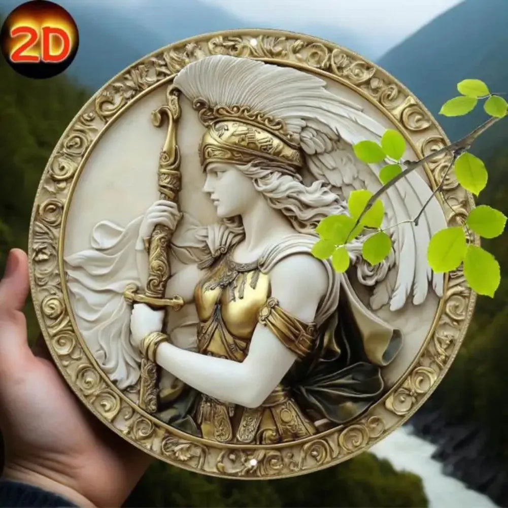 Glam Style Athena Aluminum Wall Plaque, 8 Inch Round Retro Metal Wall Art, Goddess Home Decor Wall Hanging