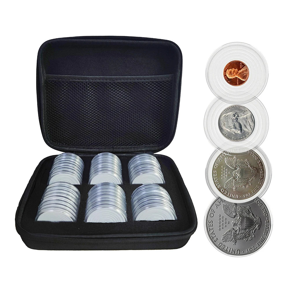 48PCS 46mm Capsule with Foam Gasket and Storage Organizer Bag for 20/25/30/35/40/46mm Commemorative Old Coin Collection Supplies