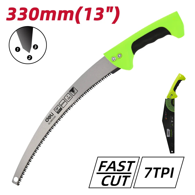 Deli 13in 330mm Curved Hand Saw Green,Sharp and Durable Blade for Efficient Pruning, Gardening, and Landscaping Tasks