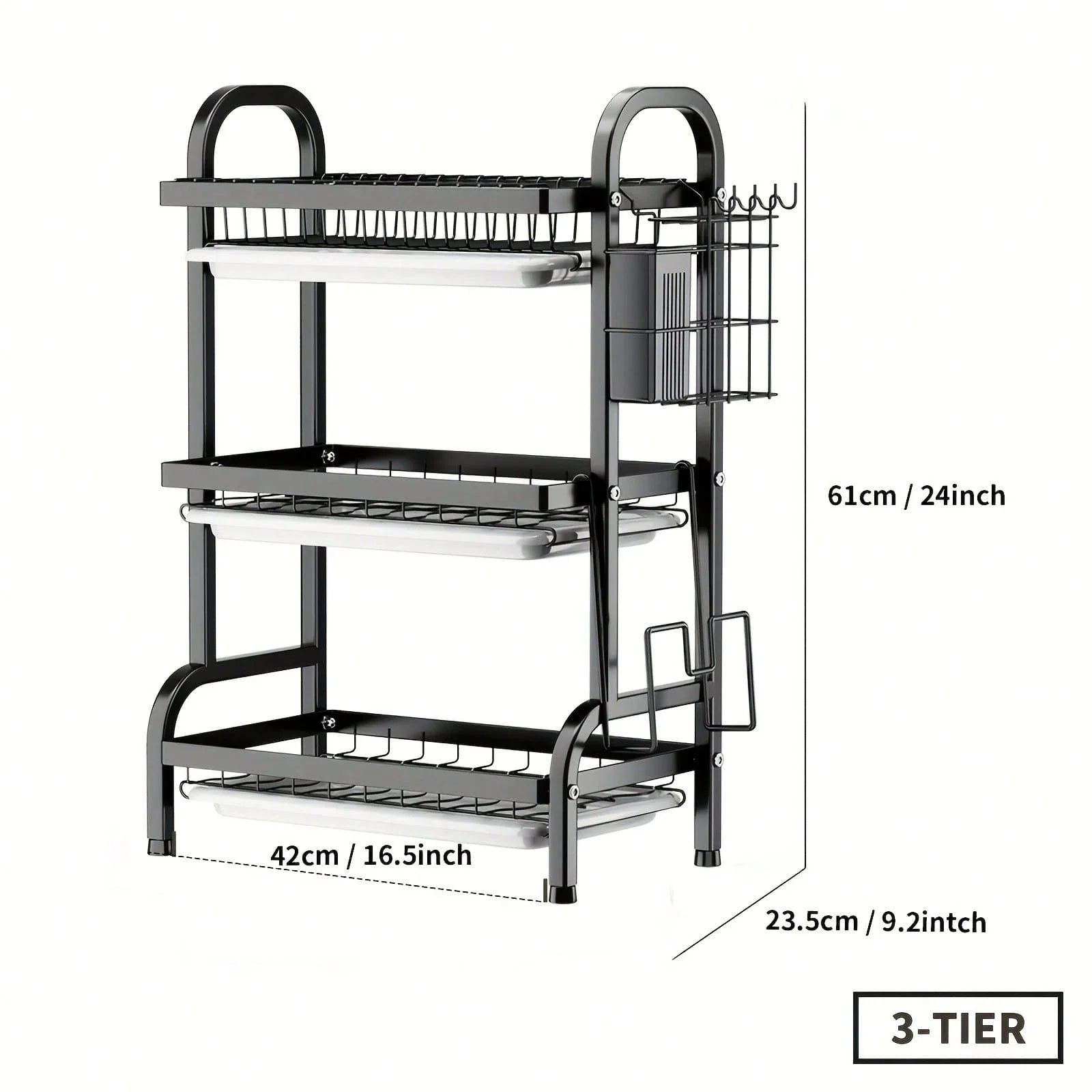 2025 3-Tier Metal Dish Rack Black Large-Capacity Kitchen Countertop Storage Organizer