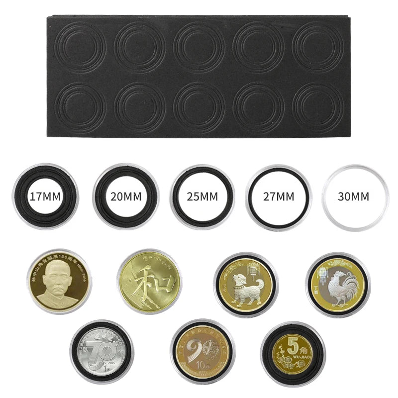 100Pcs Coin Capsule Case and Adjustable (17/20/25/27/30mm) Protect Black Gasket Coin Holder with Plastic Storage Organizer Box