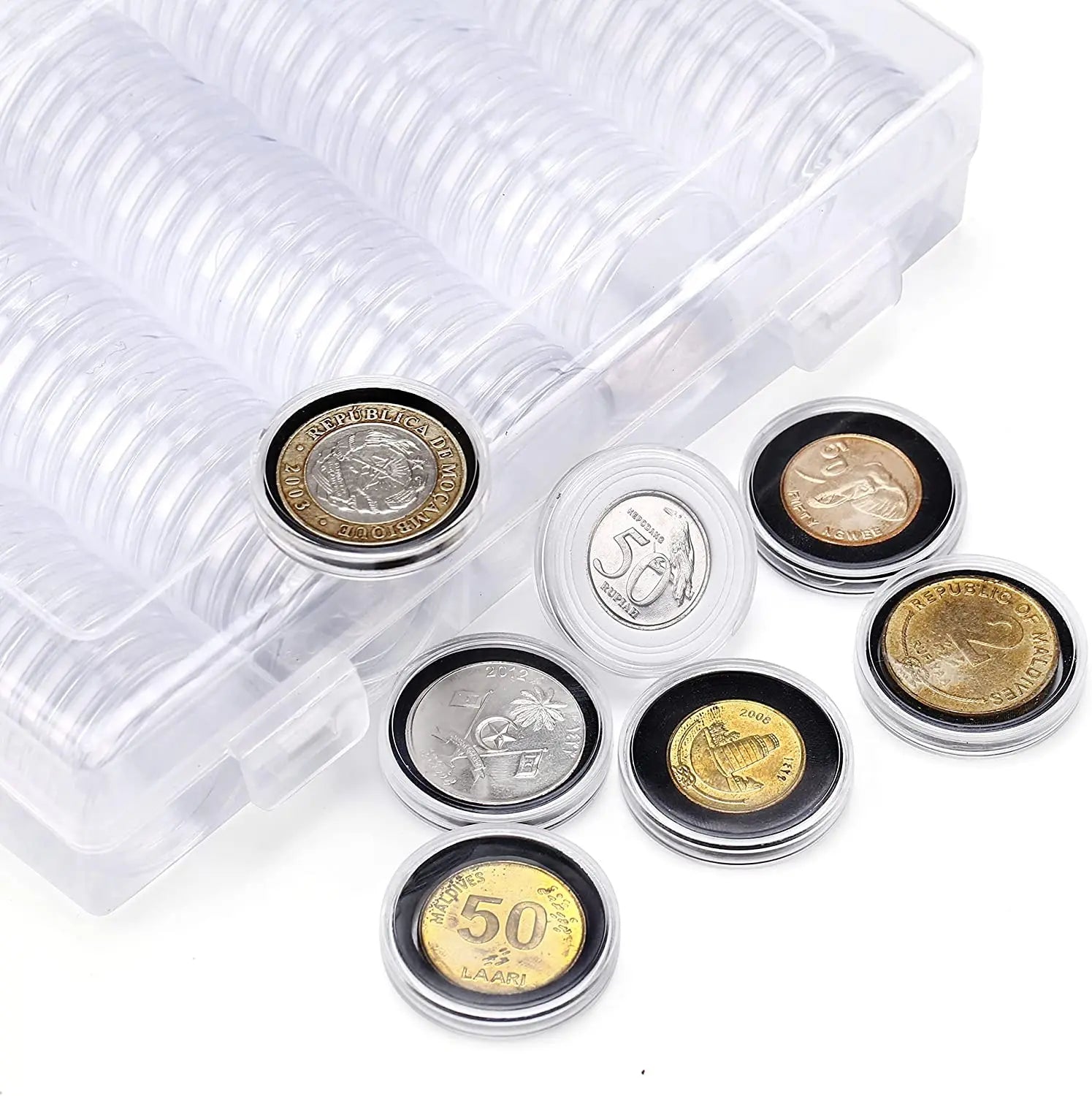 100Pcs Coin Capsule Case and Adjustable (17/20/25/27/30mm) Protect Black Gasket Coin Holder with Plastic Storage Organizer Box