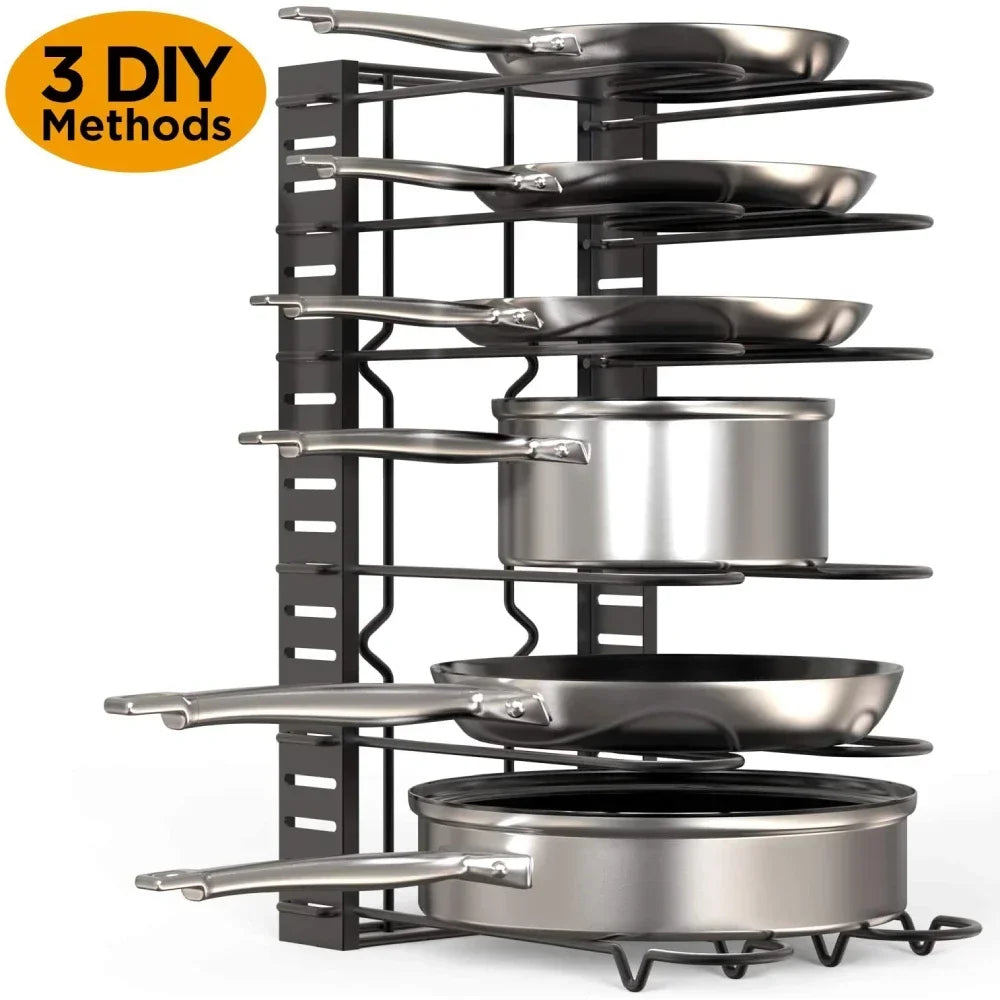 5/8 Tiers Adjustable Pots and Pans Organizer Rack 3 DIY Methods Heavy Duty Metal Pans Pots Lids Storage Holder Rack for Kitchen