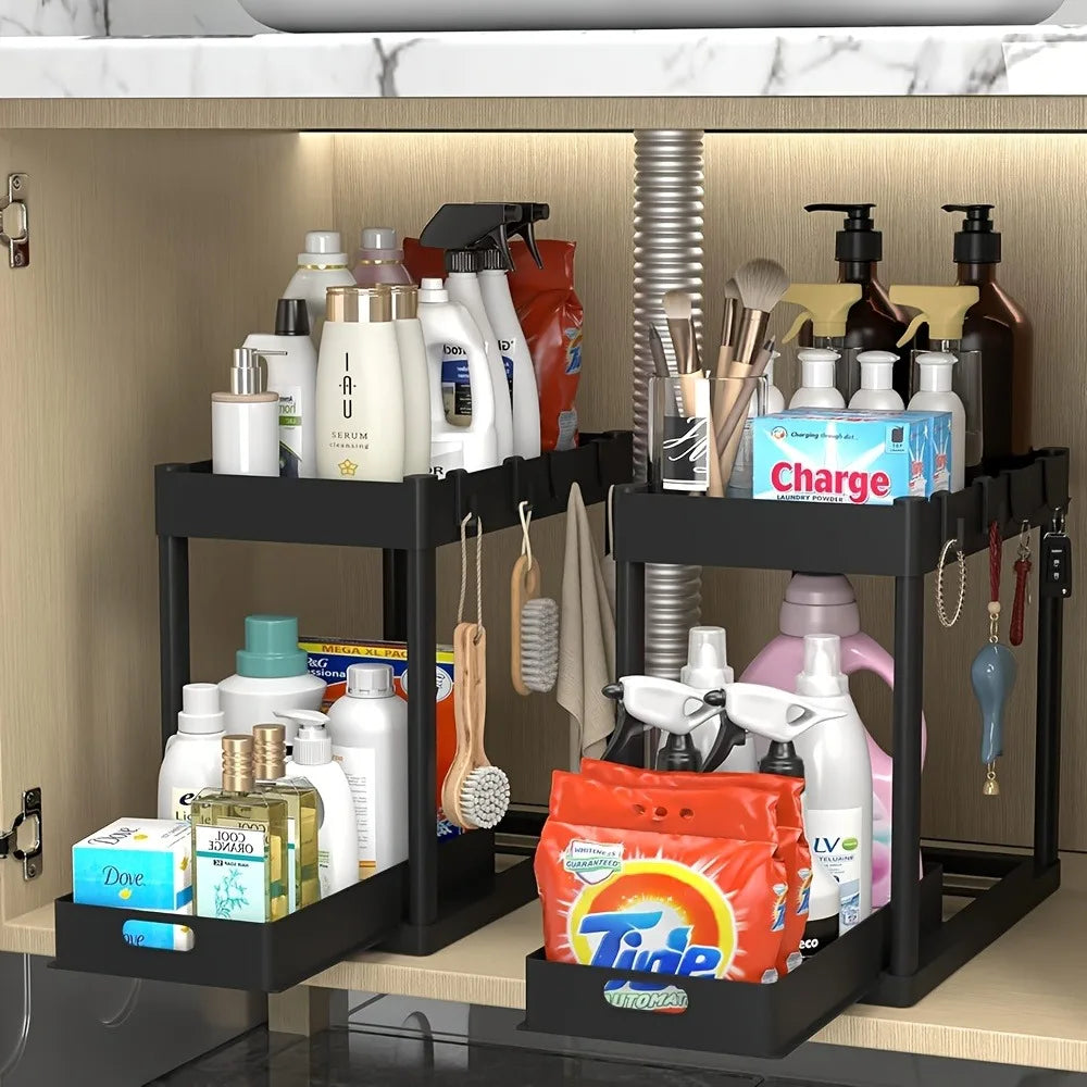 2-Tier Sliding Under Sink Organizer Multifunctional Space-Saving Bathroom Cabinet Basket Storage Drawer Under Cabinet Box