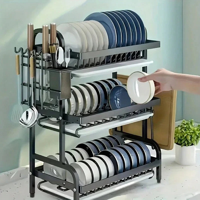 2025 3-Tier Metal Dish Rack Black Large-Capacity Kitchen Countertop Storage Organizer