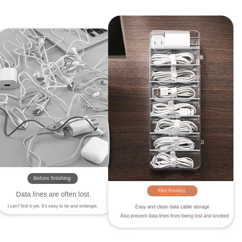 The transparent plastic Data Cable Storage Box household cable MobilePhone Charger Charging Cable Finishing Box Divided Grid Box