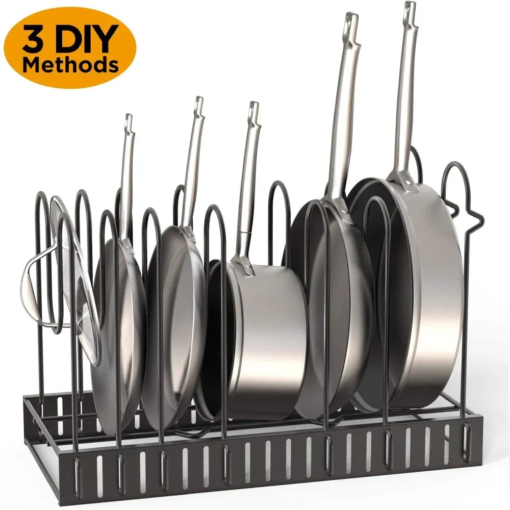 5/8 Tiers Adjustable Pots and Pans Organizer Rack 3 DIY Methods Heavy Duty Metal Pans Pots Lids Storage Holder Rack for Kitchen