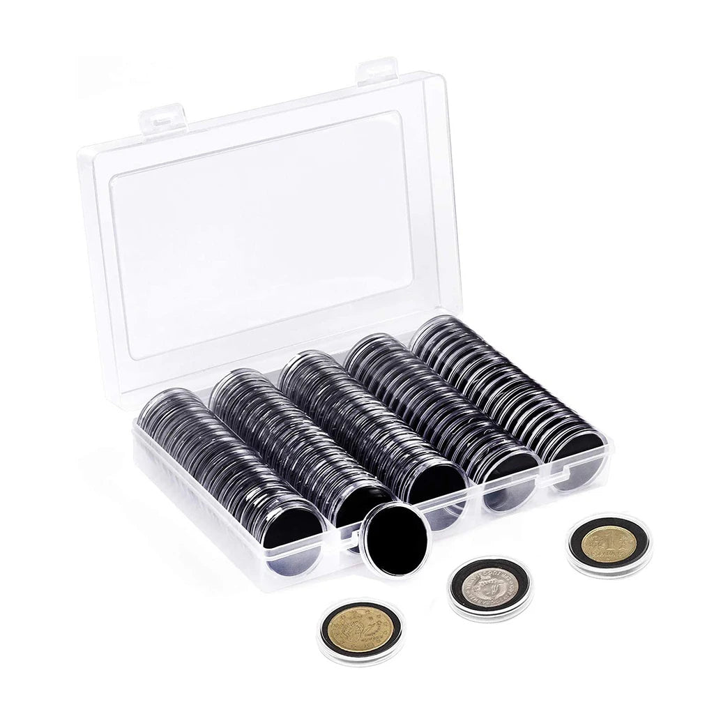 100Pcs Coin Capsule Case and Adjustable (17/20/25/27/30mm) Protect Black Gasket Coin Holder with Plastic Storage Organizer Box